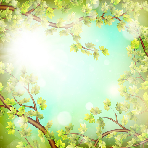 Spring green leaves with sunlight background vector 03