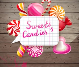 Sweets candies with wooden background vector 01