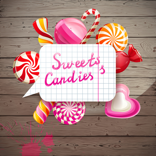 Sweets candies with wooden background vector 01