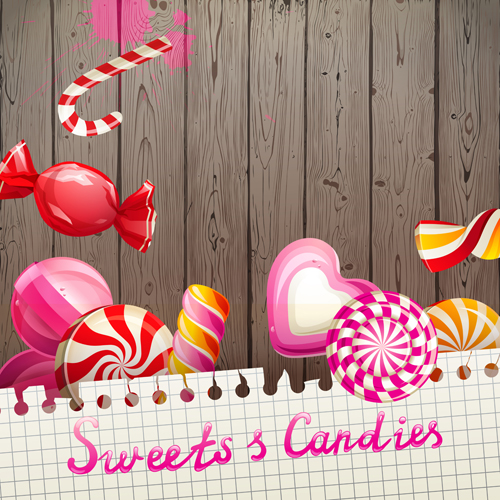 Sweets candies with wooden background vector 02