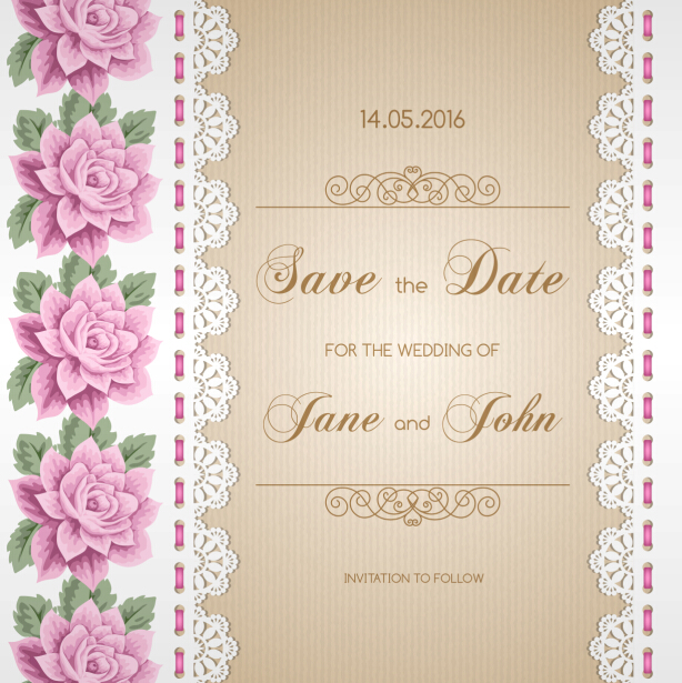 Wedding invitation card with flower vintage vector 04