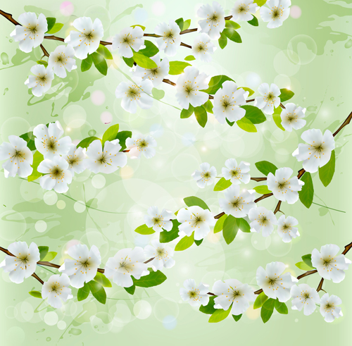 White flower with gree spring background vector