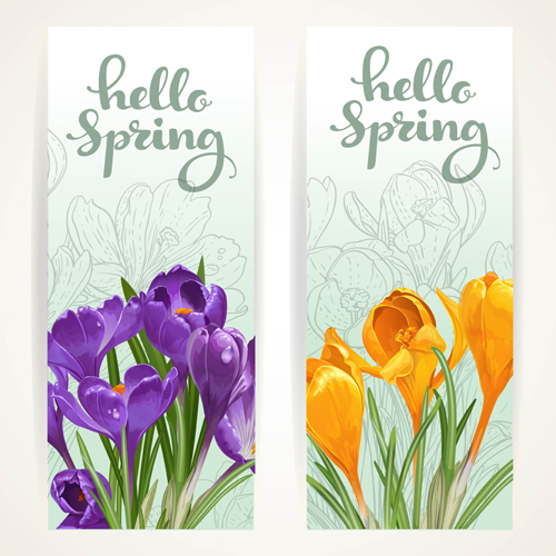 Yellow with purple flower banners vector 03