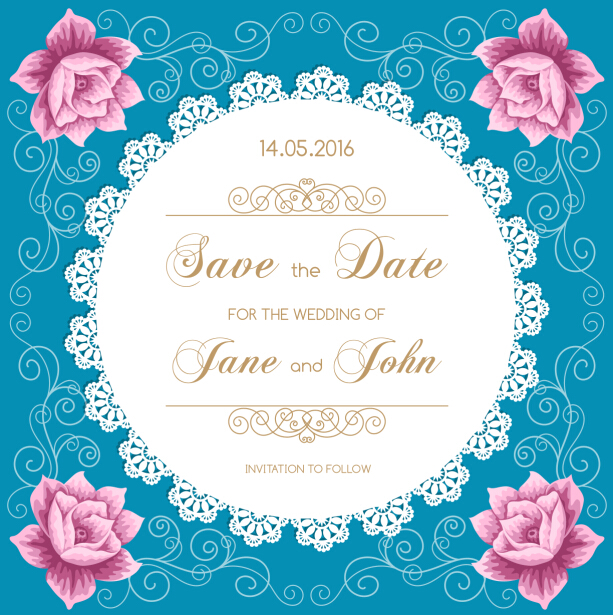 lace wedding invitation card with flower vintage vector 01