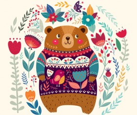 Adorable bear with flowers pattern vector 01