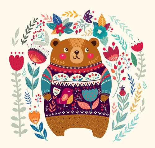 Adorable bear with flowers pattern vector 01