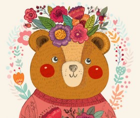 Adorable bear with flowers pattern vector 02