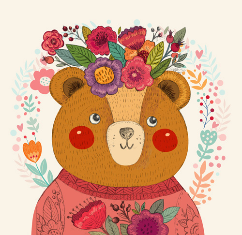 Adorable bear with flowers pattern vector 02