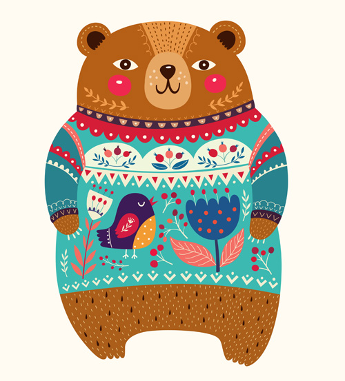Adorable bear with flowers pattern vector 03