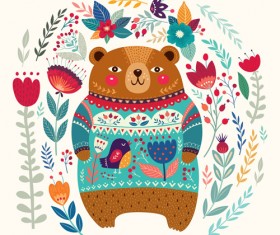 Adorable bear with flowers pattern vector 04
