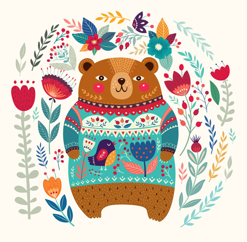 Adorable bear with flowers pattern vector 04