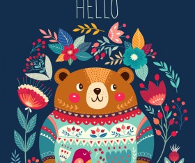 Adorable bear with flowers pattern vector 05