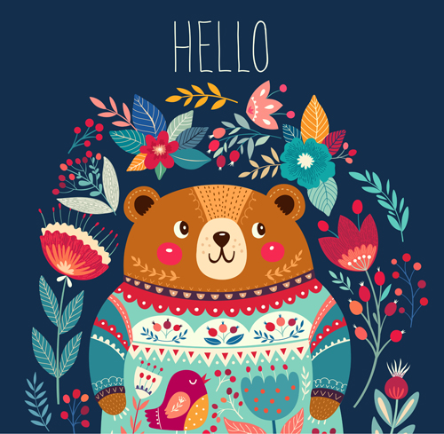 Adorable bear with flowers pattern vector 05