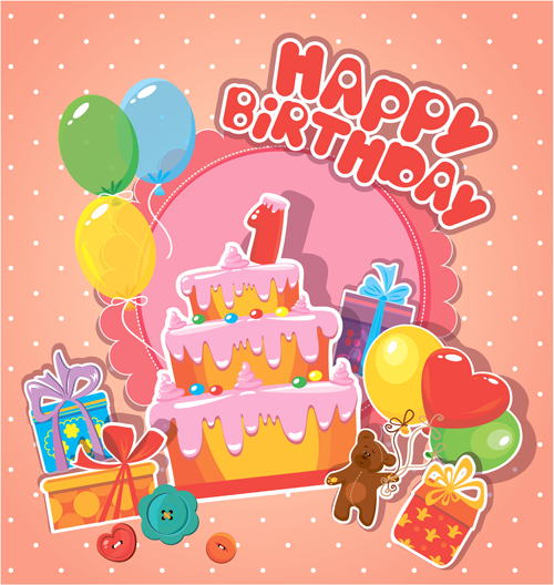 Baby birthday card with cake vector material 01