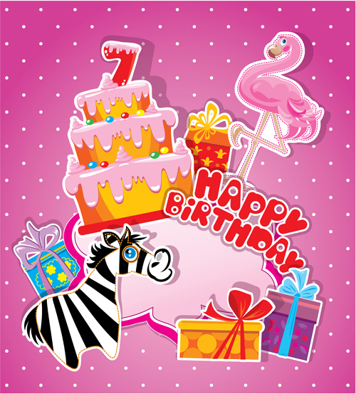 Baby birthday card with cake vector material 07