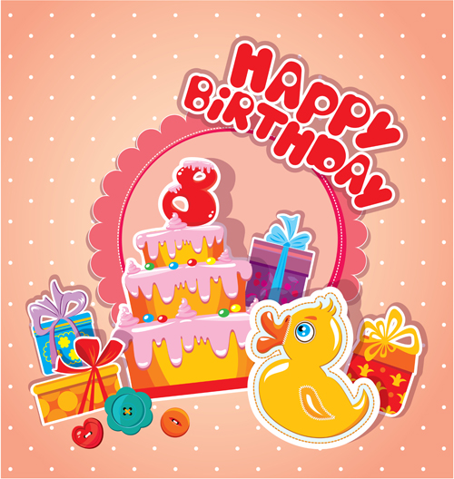 Baby birthday card with cake vector material 08