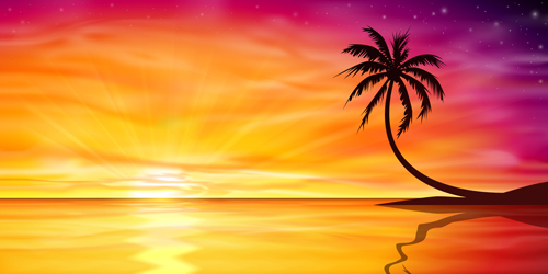 Beautiful island with sunset landscape vector 01