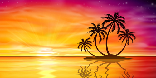 Beautiful island with sunset landscape vector 02