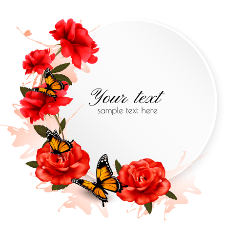 Beautiful red flowers and butterflies vector background