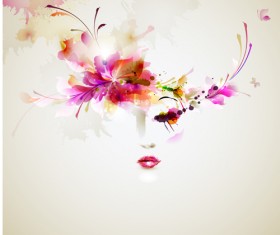 Beautiful women face with watercolor flower vector 01