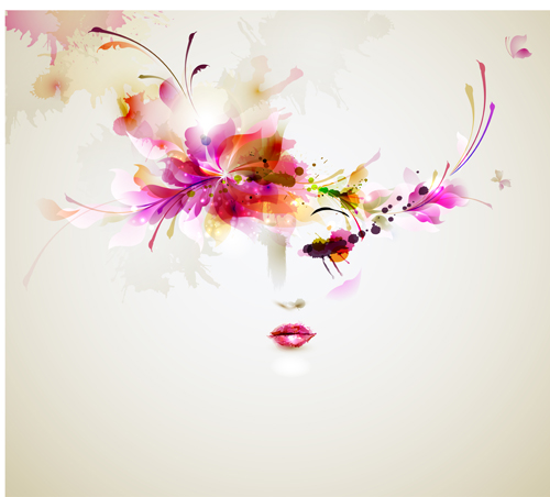 Beautiful women face with watercolor flower vector 01