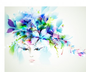 Beautiful women face with watercolor flower vector 03