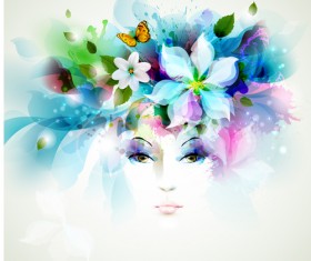 Beautiful women face with watercolor flower vector 04