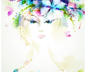 Beautiful women face with watercolor flower vector 05