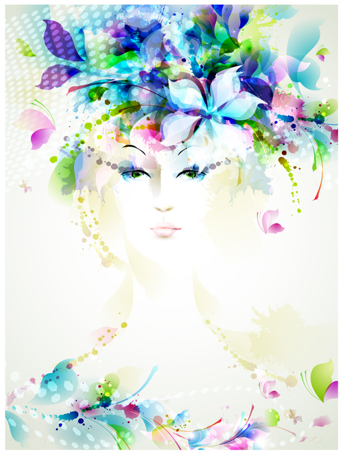 Beautiful women face with watercolor flower vector 05