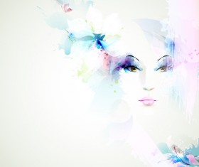 Beautiful women face with watercolor flower vector 06