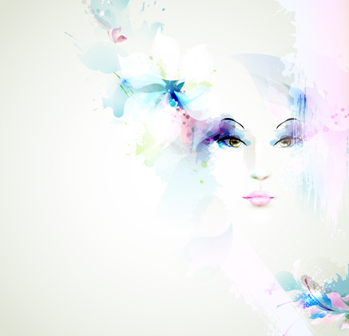 Beautiful women face with watercolor flower vector 06