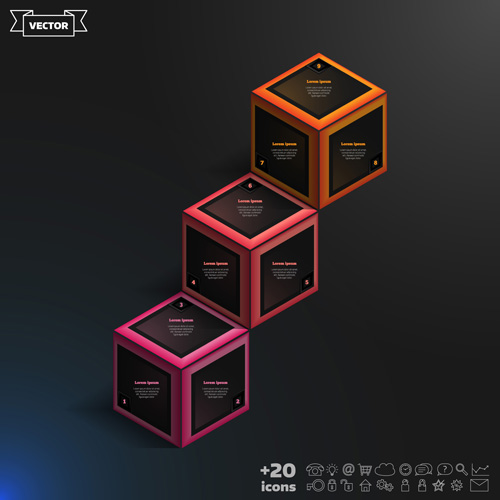 Blue cube infographic black vector 02
