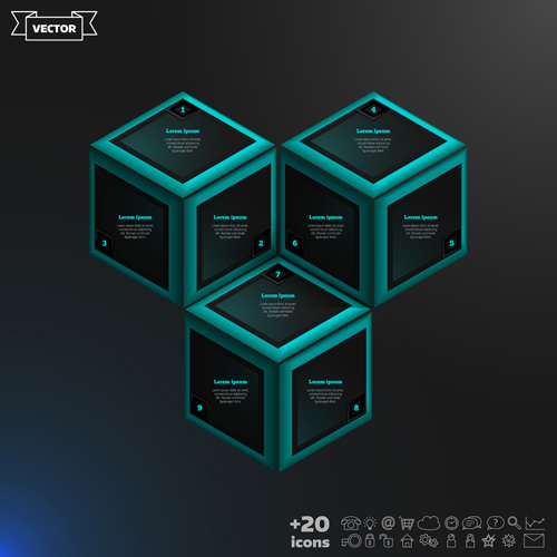 Blue cube infographic black vector 05