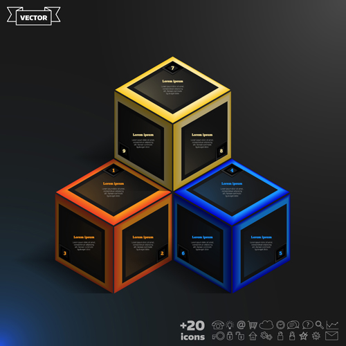 Blue cube infographic black vector 06
