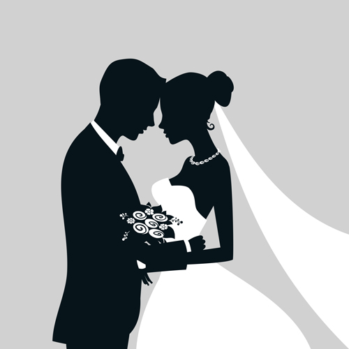 Bride with groom silhouettes vector