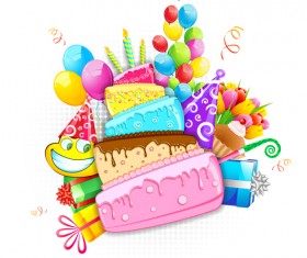Cartoon birthday cake with birthday elements vector