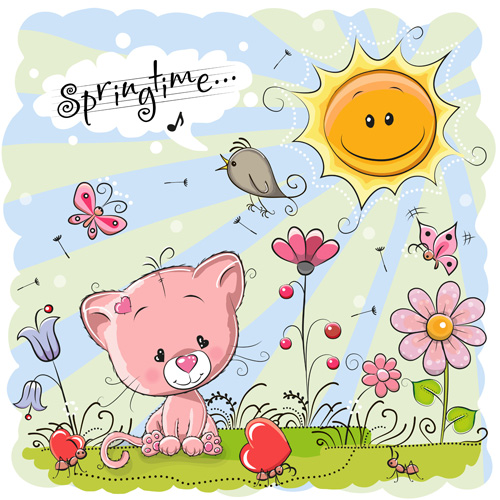 Cartoon springtime postcards cute vector 01