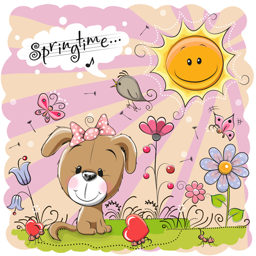 Cartoon springtime postcards cute vector 02