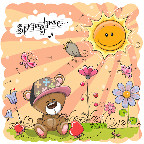 Cartoon springtime postcards cute vector 03