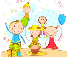 Cheerful childres with birthday cards vector material 02