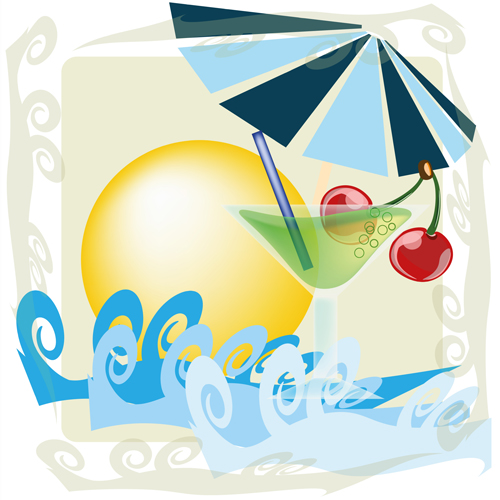 Cocktail with summer sea and beach vector background 01