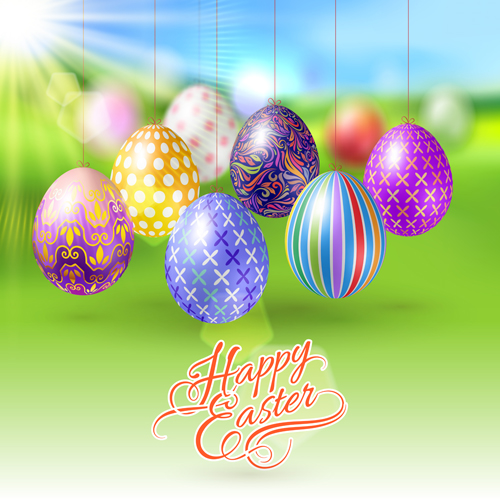 Easter hanging egg with blurs background vector 12