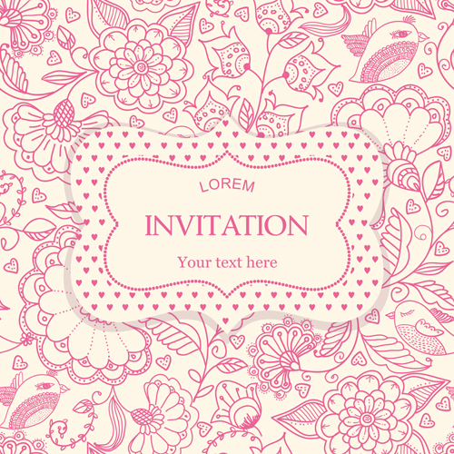 Flower pattern with pink invitation card vector 01