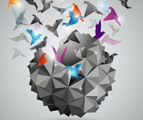 Flying origami birds with modern background vector 01