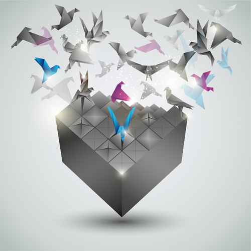 Flying origami birds with modern background vector 02