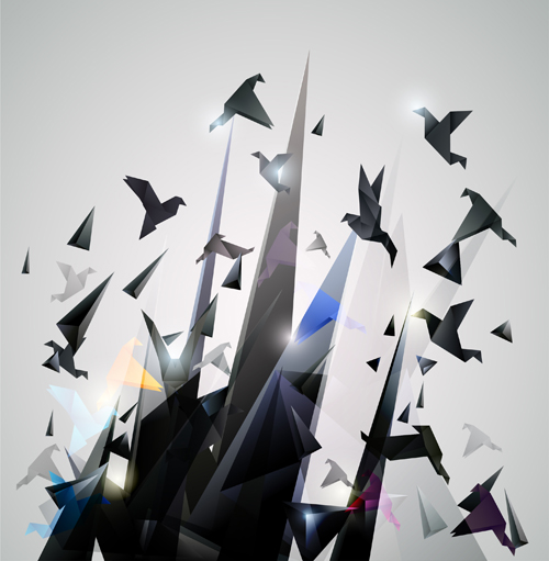 Flying origami birds with modern background vector 03