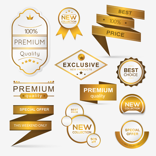 Golden banners with labels and sticker badge vector 02