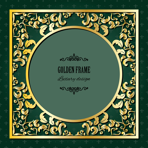 Golden frame with green invitation card vector 01