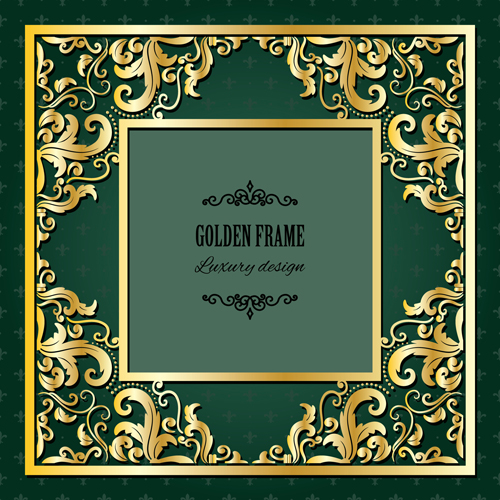 Golden frame with green invitation card vector 02