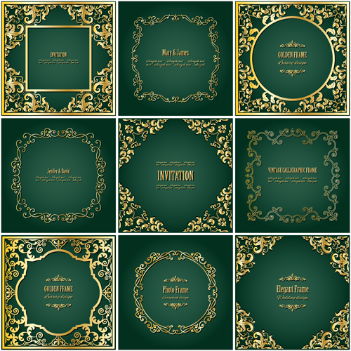 Golden frame with green invitation card vector 03